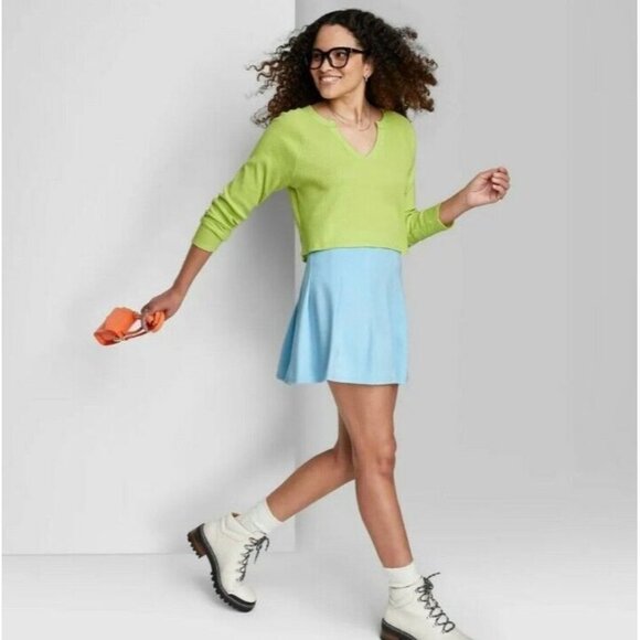 NWT Wild Fable V-Neck Waffle Boxy T Shirt Long Sleeve Lime Green Sizes M, XL - Picture 2 of 2